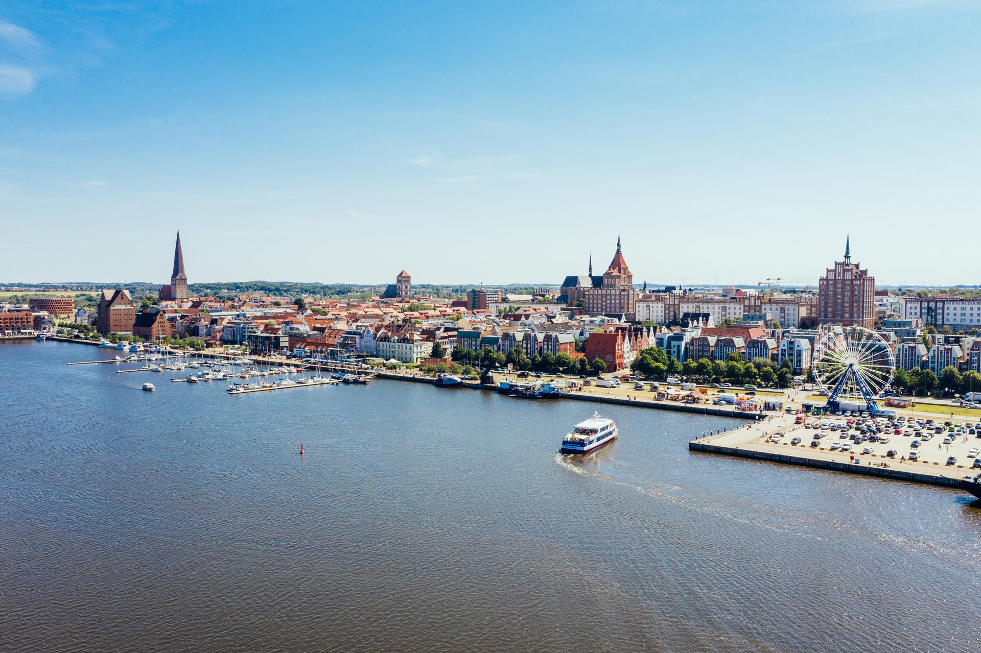 Panoramic view of Rostock city harbor